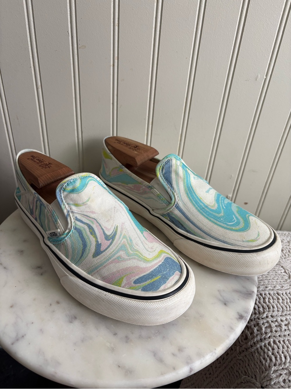 Vans Slip On Sneakers Womens 8.5 Turquoise/White Swirl Casual Classic Maximalist